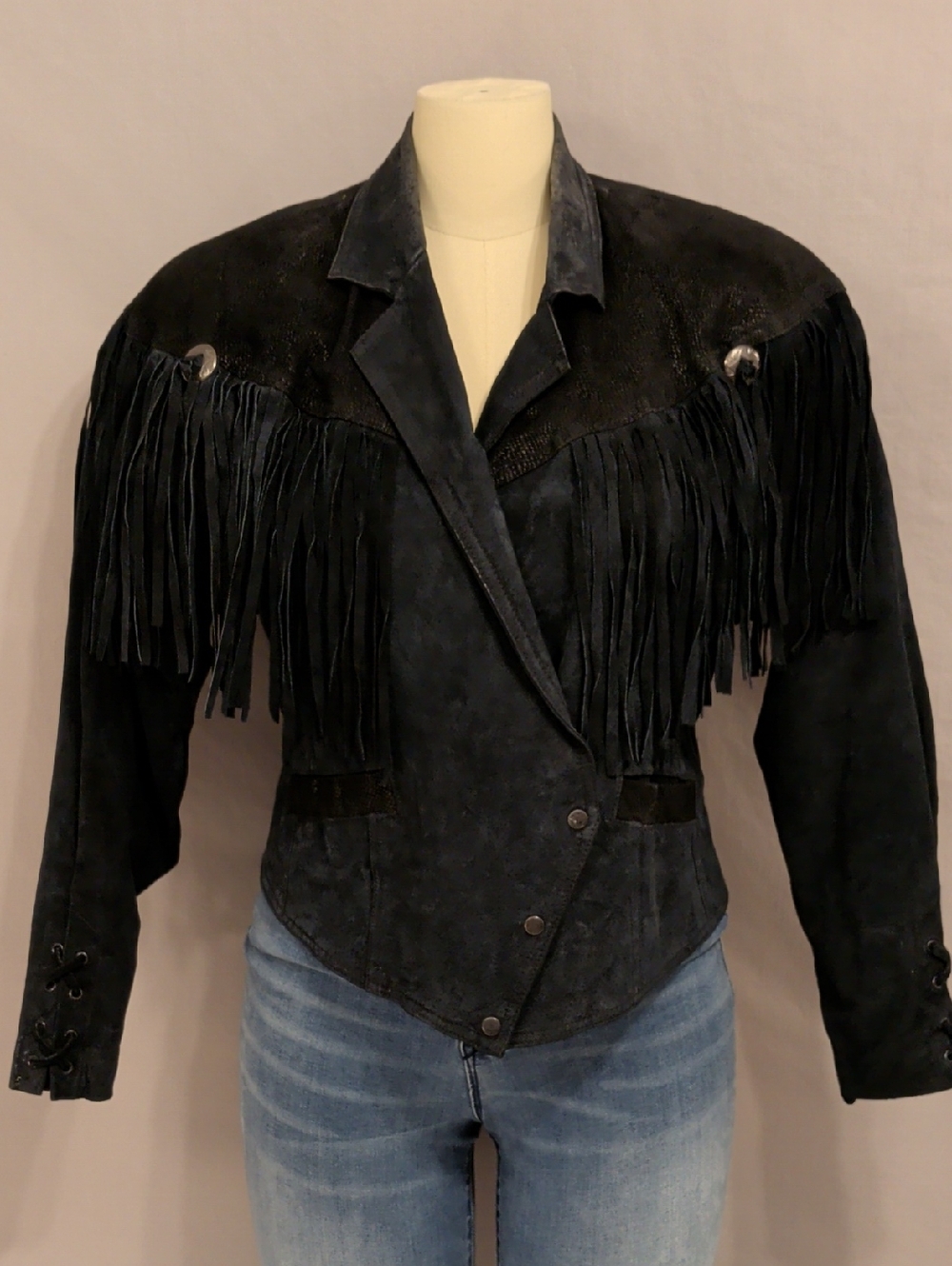 90s Vintage Black Suede Fringe Leather Jacket Western Corset Lace & Snake Detail